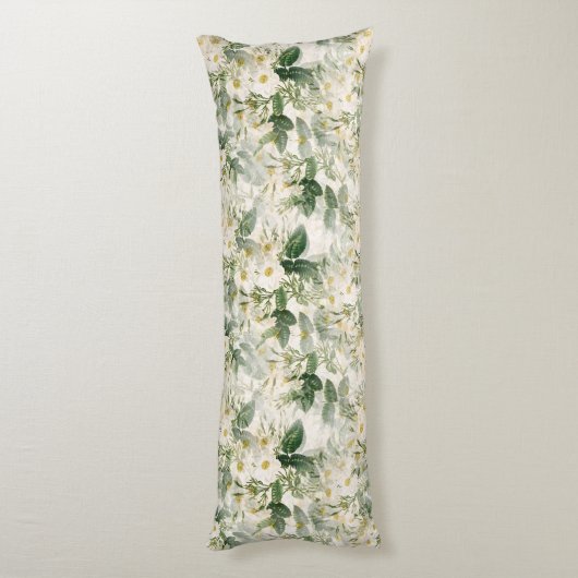 Romantic Smooth White Flowers en Green Leaves Lichaamskussen (Achterkant (Verticaal))