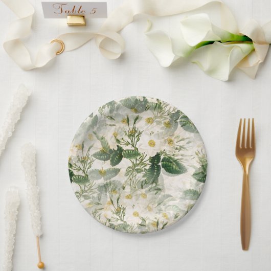 Romantic Smooth White Flowers en Green Leaves Papieren Bordje (Huwelijk)