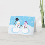 Romantic Snowman en Snowgirl kerstkaart Feestdagen Kaart<br><div class="desc">De scène aan de voorzijde van de Vakantiekaart is een Sneeuwman die over de hand van een verbluffend Snowgirl boeit en er vallen Snowflakes op de achtergrond. De binnenkant wordt verlaten leeg voor u om uw eigen speciaal bericht te zetten. Kunstwerk werd gecreeerd door me in de Illustrator van Adobe....</div>