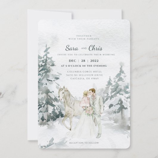 Romantic Snowy Winter Forest met Bride en Groom Kaart (Voorkant)