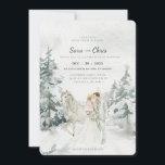 Romantic Snowy Winter Forest met Bride en Groom Kaart<br><div class="desc">Deze trouwuitnodiging is voorzien van een winterwitte bosweg bedekt met sneeuw, omgeven door sneeuw en bedekt met evergroene bomen met een wit paard en een bruid en bruin die op de voorgrond staat. De gebruikte kleuren zijn onder meer bosgroen met verschillende sage, wazige roze en grijs. Bovenaan staat cursieve tekst...</div>