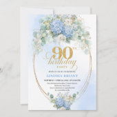 Romantic Soft Blue Hydrangea 90th Birthday Invite Kaart (Voorkant)
