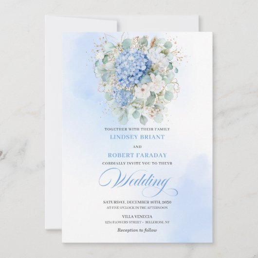 Romantic Soft Blue Hydrangea Eucalyptus Wedding  Kaart (Voorkant)