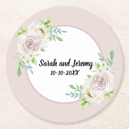 Romantic Soft Mauve Floral Waterverf Roos Weddensc Ronde Kartonnen Onderzetter (Voorkant)