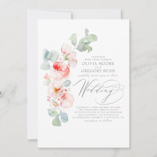 Romantic Soft Pink Flowers Summer Garden Weddensch Kaart (Voorkant)