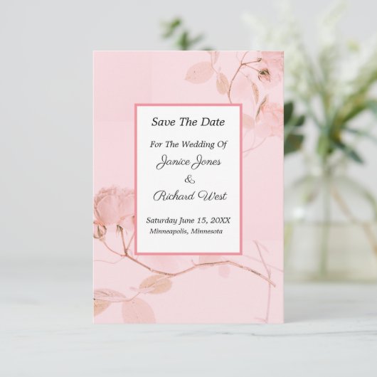 Romantic Soft Pink Rose Bud Wedding Save The Date (Staand voorkant)