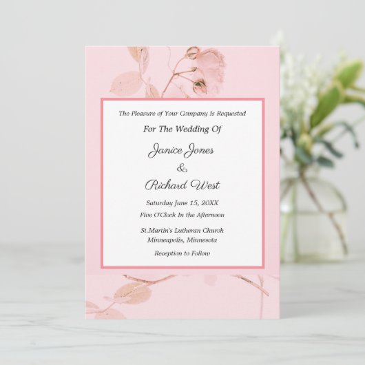 Romantic Soft Pink Rose Bud Wedding Uitnodiging (Staand voorkant)