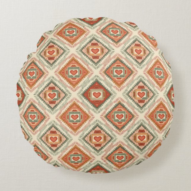 Romantic Southwestern Heart Pattern Peach & Sage Rond Kussen (Voorkant)