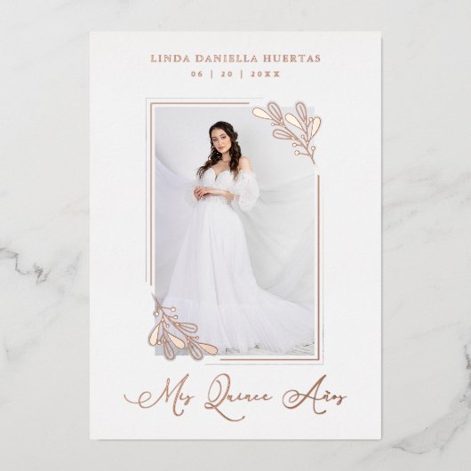 Romantic Spain Real Roos Gold Branches Lijst Folie Uitnodiging (Voorkant)