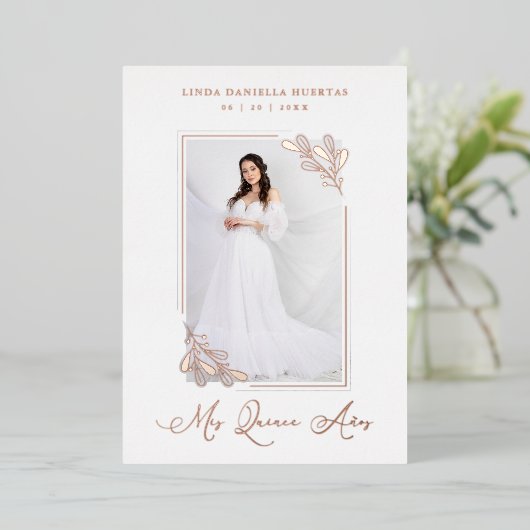 Romantic Spain Real Roos Gold Branches Lijst Folie Uitnodiging (Staand Voorkant)