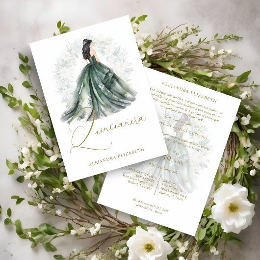 Romantic Spanish Quinceañera in Green & Golden  Kaart