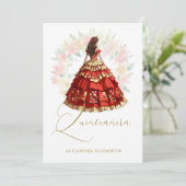 Romantic Spanish Quinceañera in Red & Golden  Kaart (Staand voorkant)