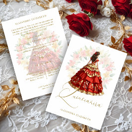 Romantic Spanish Quinceañera in Red & Golden Kaart
