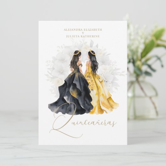 Romantic Spanish Quinceañera Twins in Black Yellow Kaart (Staand voorkant)