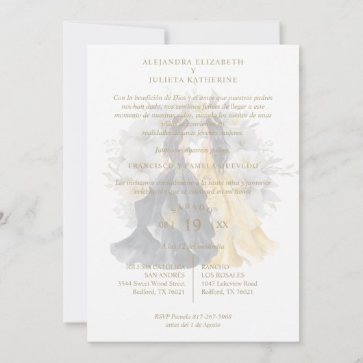 Romantic Spanish Quinceañera Twins in Black Yellow Kaart (Achterkant)