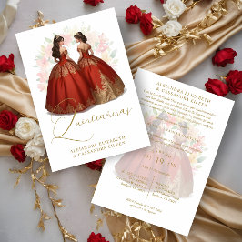 Romantic Spanish Quinceañera Twins Red & Golden Kaart