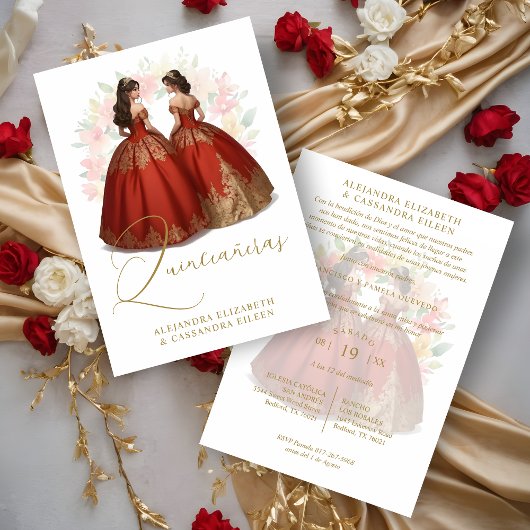 Romantic Spanish Quinceañera Twins Red & Golden  Kaart