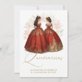 Romantic Spanish Quinceañera Twins Red & Golden  Kaart (Voorkant)
