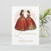 Romantic Spanish Quinceañera Twins Red & Golden  Kaart (Staand voorkant)