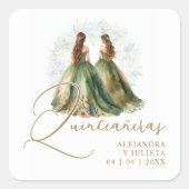 Romantic Spanish Quinceañeras Twins Dolls Green Vierkante Sticker (Voorkant)
