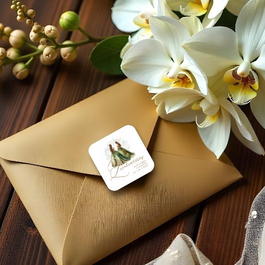 Romantic Spanish Quinceañeras Twins Dolls Green Vierkante Sticker