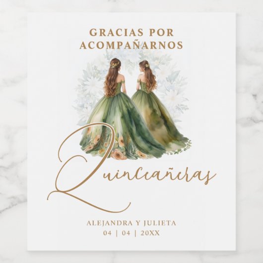 Romantic Spanish Quinceañeras Twins Dolls Green Wijn Etiket (Enkel label)