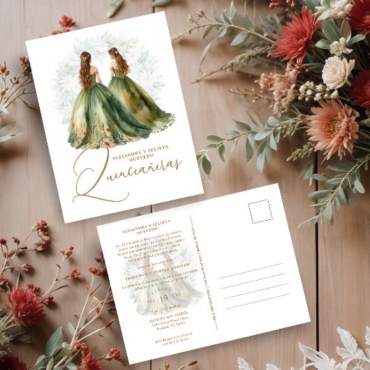 Romantic Spanish Quinceañeras Twins in Green Brown Briefkaart