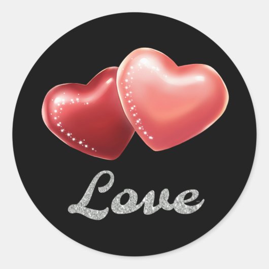 Romantic Sparkling Red Hearts "Love" Glitter Desig Ronde Sticker (Voorkant)
