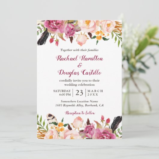 Romantic Spring Boho Floral Feather Wedding Kaart (Staand voorkant)