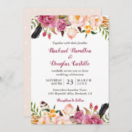 Romantic Spring Boho Floral Feather Wedding Kaart