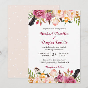 Romantic Spring Boho Floral Feather Wedding Kaart