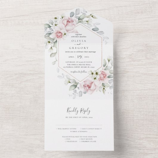 Romantic Spring Floral Rozen Waterverf bruiloft  All In One Uitnodiging (Binnen)