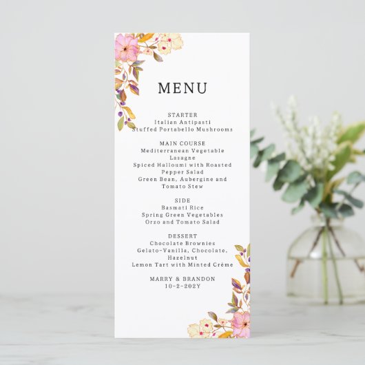 Romantic Spring Floral Wedding Menu Kaart (Staand voorkant)