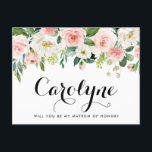 Romantic Spring Flowers zijn mijn matroos van eer  Briefkaart<br><div class="desc">Zal je mijn matron van eer zijn? Vraag familie en vrienden om deel uit te maken van je bruiloft met deze aanpasbare matroos van eer. Het kenmerkt de illustraties van de waterverf van witte, blauwe, en perzikse rozen en peonies met groene accenten. Pas deze waterverf matron of ereministekaart aan door...</div>