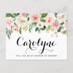 Romantic Spring Flowers zijn mijn matroos van eer  Briefkaart<br><div class="desc">Zal je mijn matron van eer zijn? Vraag familie en vrienden om deel uit te maken van je bruiloft met deze aanpasbare matroos van eer. Het kenmerkt de illustraties van de waterverf van witte, blauwe, en perzikse rozen en peonies met groene accenten. Pas deze waterverf matron of ereministekaart aan door...</div>