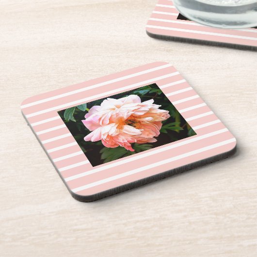 Romantic Spring Peony op peach Stripes Bier Onderzetter (Linkerzijde)