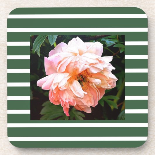 Romantic Spring Peony op Summery Green Stripes Bier Onderzetter (Voorkant)