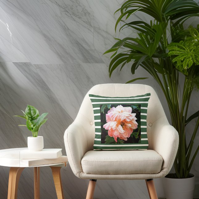 Romantic Spring Peony op Summery Green Stripes Kussen (Creator heeft geüpload)