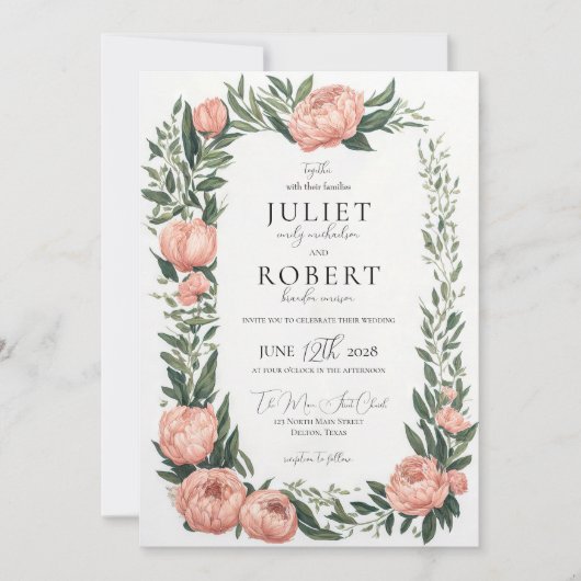 Romantic Spring Pink Peony Leaf Border Wedding Kaart (Voorkant)