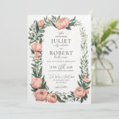 Romantic Spring Pink Peony Leaf Border Wedding Kaart (Staand voorkant)