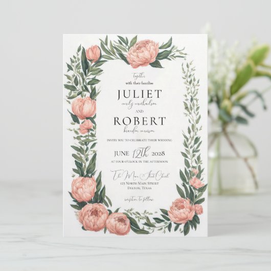 Romantic Spring Pink Peony Leaf Border Wedding Kaart (Staand voorkant)