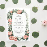Romantic Spring Pink Peony Leaf Border Wedding Kaart<br><div class="desc">Deze elegante en romantische trouwuitnodiging is perfect voor de zomer en de lente. Het is voorzien van een waterverf met een donkerroze en bosgroene pinda's en bladwijnstokken rond de grens. De achtergrond is een simpel wit, en de typografie is modern en stijlvol. Het is lief, , mooi en uniek; het...</div>