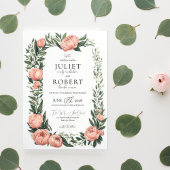 Romantic Spring Pink Peony Leaf Border Wedding Kaart