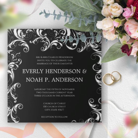 Romantic Square Fancy Swirl Wedding Invitation Kaart