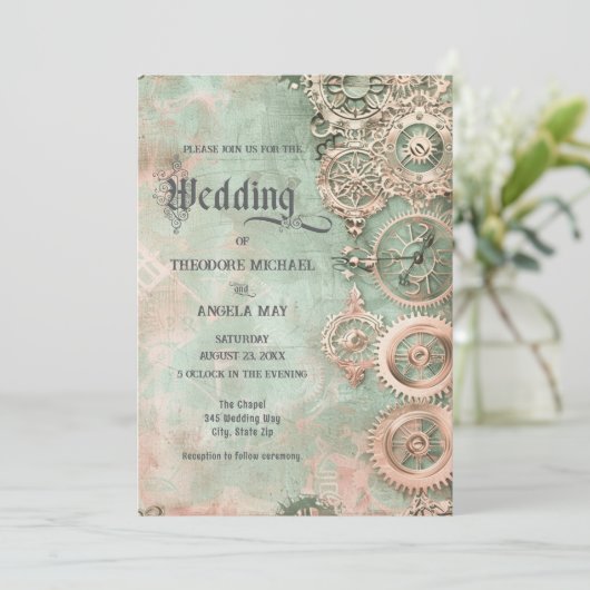 Romantic Steampunk Gears Wedding Invitation Kaart (Staand voorkant)