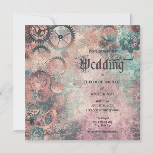 Romantic Steampunk Gears Wedding Invitation Kaart (Voorkant)