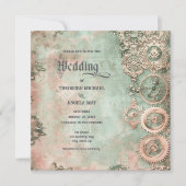 Romantic Steampunk Gears Wedding Invitation Kaart (Voorkant)