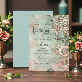 Romantic Steampunk Gears Wedding Invitation Kaart