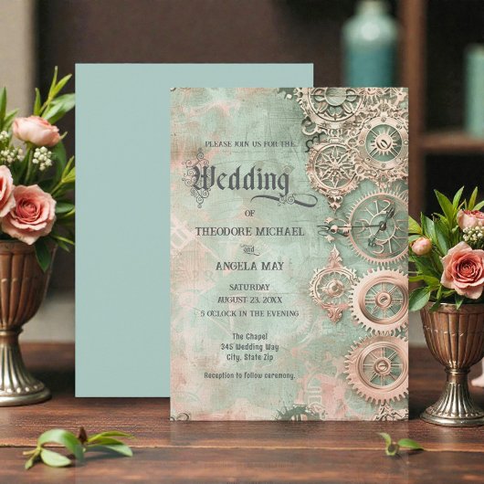 Romantic Steampunk Gears Wedding Invitation Kaart