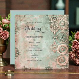 Romantic Steampunk Gears Wedding Invitation Kaart